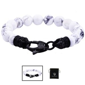 Men’s Genuine Howlite Black Plated Stainless Steel Beaded Bracelet With Black